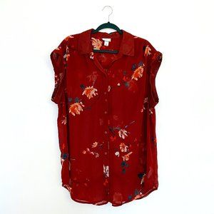 Ava & Viv Sheer Floral Button Down Cap Sleeve Top